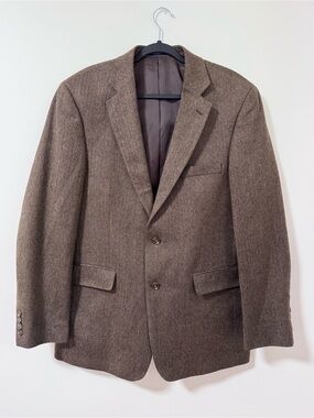 Stafford Essentials 42L Brown Herringbone 100% Wool Brown Tweed Coat